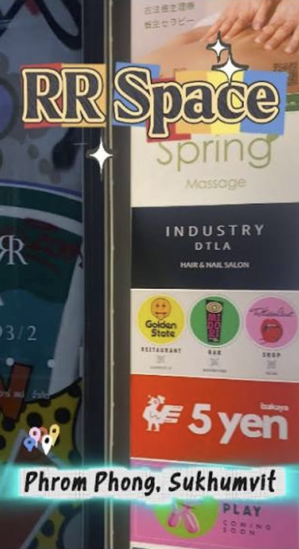 RR Space signage board listing Spring Massage, Industry DTLA, Golden State, Midori, 5 Yen and more